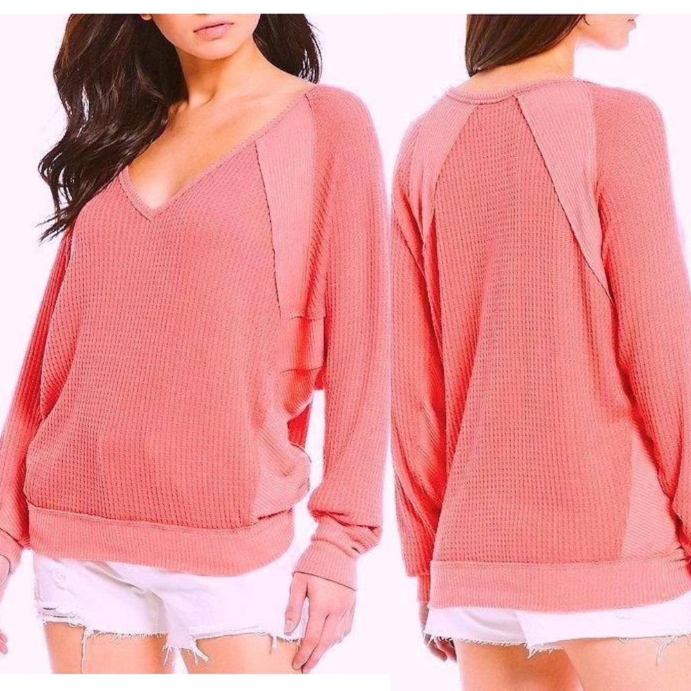 Free People Prairie Santa Clara Thermal Long Sleeve V-Neck Top Medium Rose Pink